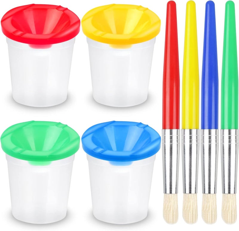 RNKP 4 Piece Children's No Spill Paint Cups with Colored Lids and 4 Piece Large Round Brush Set with Plastic Handles - Image 1